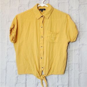 STYLE ENVY Linen-Blend Knotted Front Cropped Button Down Shirt Small